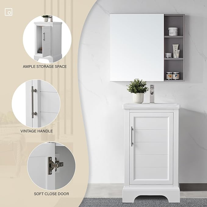 HOMEBEYOND 20 Inch Bathroom Vanity with Single Sink & Ceramic Top, Vanity Cabinet with Center Countertop Basin, Soft-Closing Doors, White