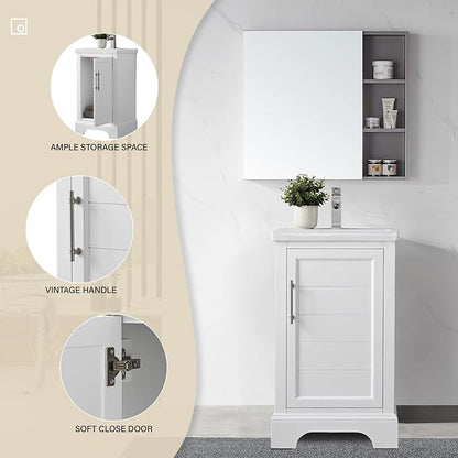 HOMEBEYOND 20 Inch Bathroom Vanity with Single Sink & Ceramic Top, Vanity Cabinet with Center Countertop Basin, Soft-Closing Doors, White