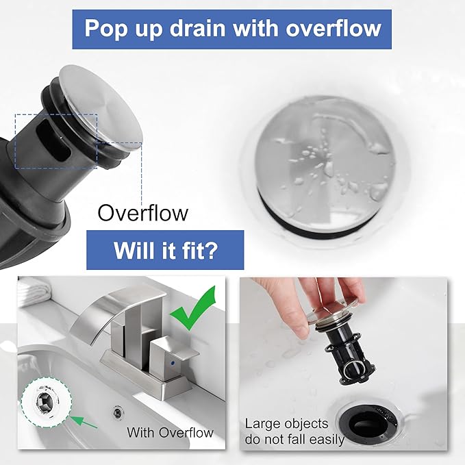 Brushed Nickel Waterfall Bathroom Faucet - 4Inch 2 or 3 Holes Centerset Faucet Bathroom | Two Handles RV Lavatory Basin Vanity Sink Faucets with Overflow Pop-up Drain Assembly & Supply Lines