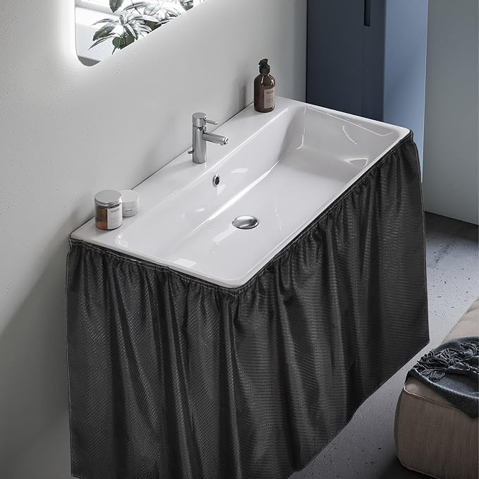 2 Pack Fabric Sink Skirt Diamond Bathroom Stitch Under Sink Skirt with Self Stick Adhesive Waterproof Fabric Under Sink Curtain Skirt for Extra Storage,Kitchen Sink Cover (Black,55 x 32Inch)