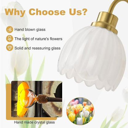 Bathroom Light Fixtures (3-Light, 20 Inch), Brushed Gold Vanity Lights for Bathroom with Ribbed Milk Tulip Glass Shade, Vintage Vanity Wall Lights for Mirror Bedroom Living Room Hallway