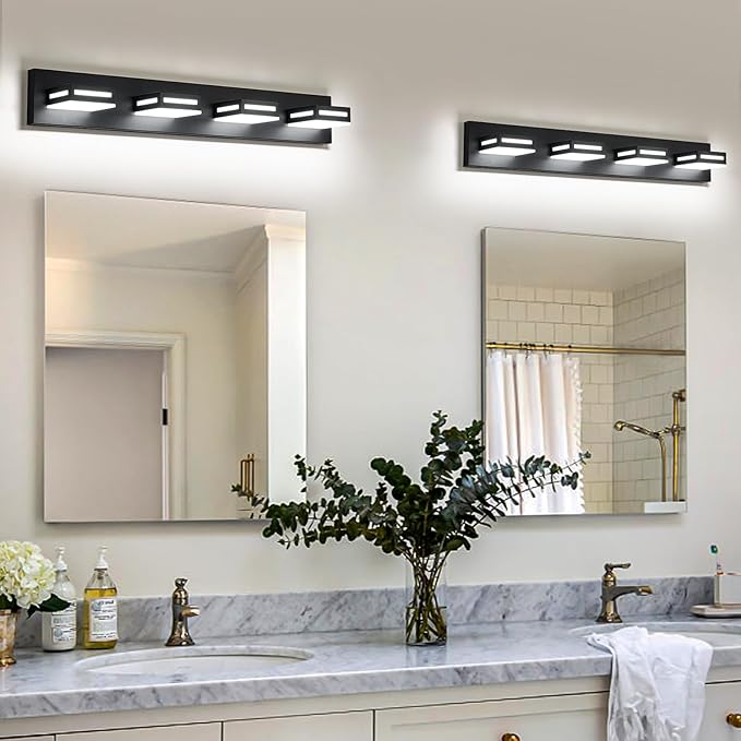 LED Modern Bathroom Light Fixtures, 4-Light 30-Inch Matte Black Vanity Lights for Bathroom Lighting Fixtures Over Mirror, 350° Rotatable Acrylic, 6000K Cool White Wall Lamp