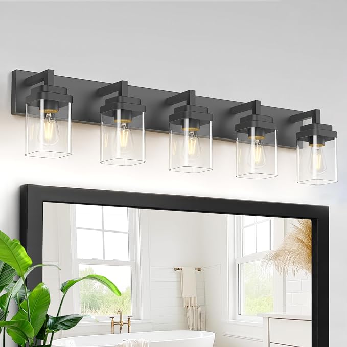 Matte Black Bathroom Light Fixtures, Modern Vanity Lights with Clear Glass Lamp Shade, Bathroom Lighting Fixtures Over Mirror, Restroom Vanity Lighting Fixture, 5-Light 36 Inch