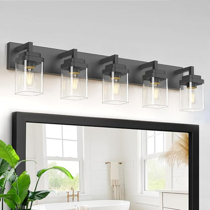Matte Black Bathroom Light Fixtures, Modern Vanity Lights with Clear Glass Lamp Shade, Bathroom Lighting Fixtures Over Mirror, Restroom Vanity Lighting Fixture, 5-Light 36 Inch