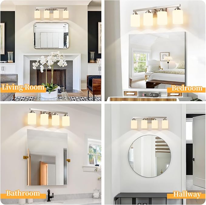 Bathroom Light Fixtures, Vanity Light Over Mirror Nickel 4-Light Fixture | Modern bathroom vanity light fixture with metal frame, ideal for mirrors, bedrooms and hallways. Fits E26 bulbs.