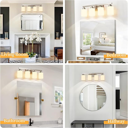 Bathroom Light Fixtures, Vanity Light Over Mirror Nickel 4-Light Fixture | Modern bathroom vanity light fixture with metal frame, ideal for mirrors, bedrooms and hallways. Fits E26 bulbs.