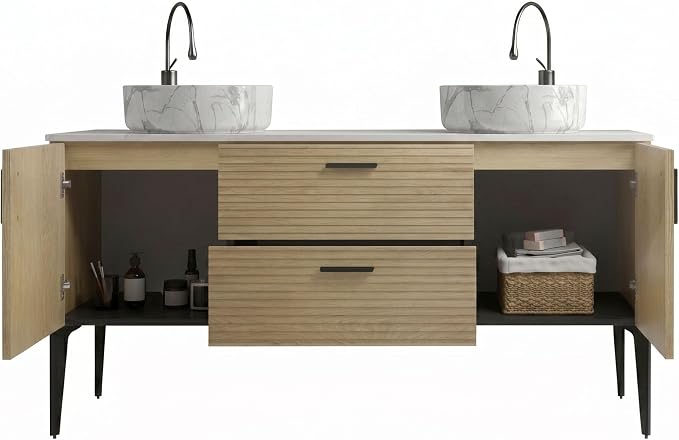 60" Double Bathroom Vanity with Sink Combo, Mid-Century Modern Bath Cabinet with Carrara Marble Finish Sink, 2 Doors & 2 Drawers, Large Storage for Bar, Hotel, Apartment, Natural Oak