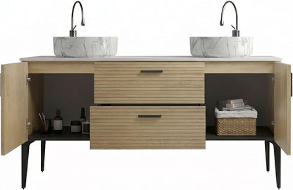 60" Double Bathroom Vanity with Sink Combo, Mid-Century Modern Bath Cabinet with Carrara Marble Finish Sink, 2 Doors & 2 Drawers, Large Storage for Bar, Hotel, Apartment, Natural Oak