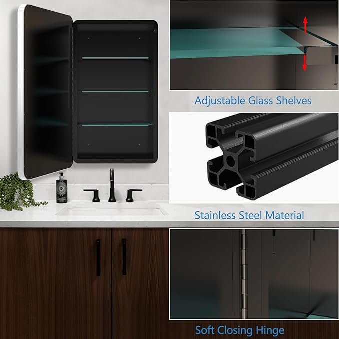 Medicine Cabinet with Framed Mirror, 20 x 26 Inch Silver Round Corners Bathroom Cabinets, Recessed or Surface Wall-Mounted, Double Doors, Removable Glass Shelves for Bathroom Bedroom Kitchen
