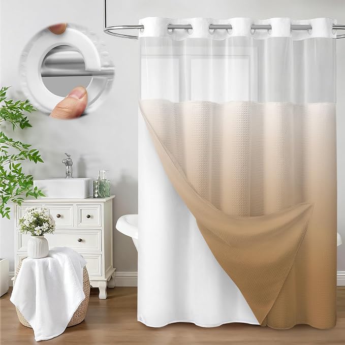 No Hook Shower Curtain and Liner Set,Ombre Beige Hotel Waffle Shower Curtain with Liner 75" L x 72" W | Washable Snap in Fabric Liner, Mesh Top Window, Waffle Hotel Style Shower Curtain Set