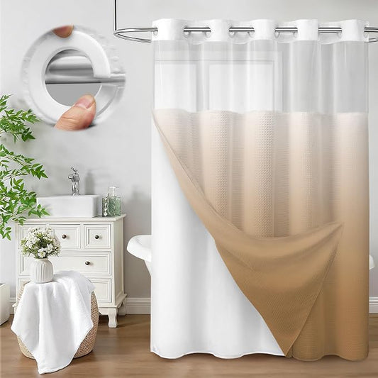 No Hook Shower Curtain with Liner Set Hotel Waffle Ombre Beige 72W X 75L | Washable Snap in Fabric Liner, Mesh Top Window, Waffle Hotel Style Shower Curtain Set