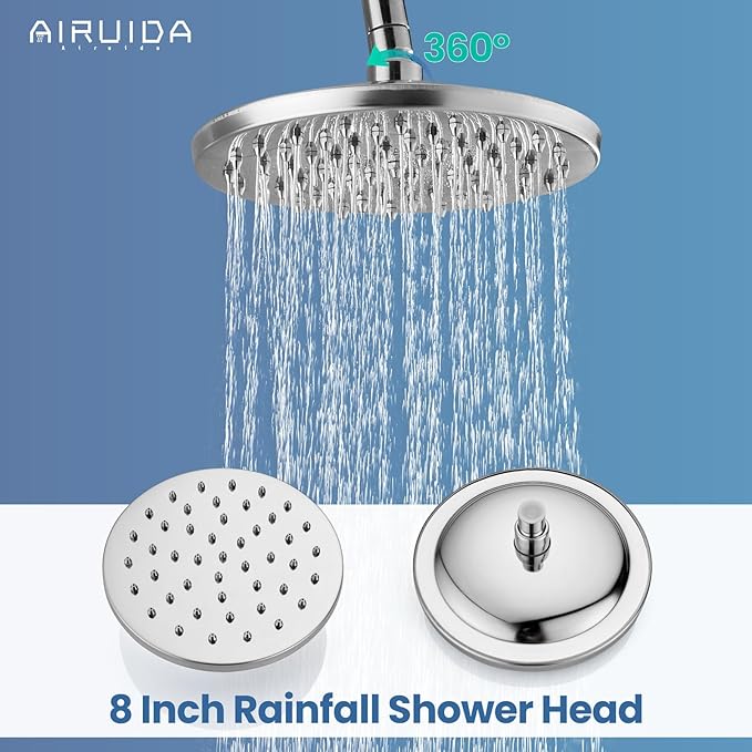 Airuida Exposed Shower System, 8 Inch Rainfall Shower Head with Handheld Spray, Single Handle Wall Mount Shower Faucet Set, Solid Brass Dual Function Exposed Pipe Fixture for Bathroom,Chrome Polish