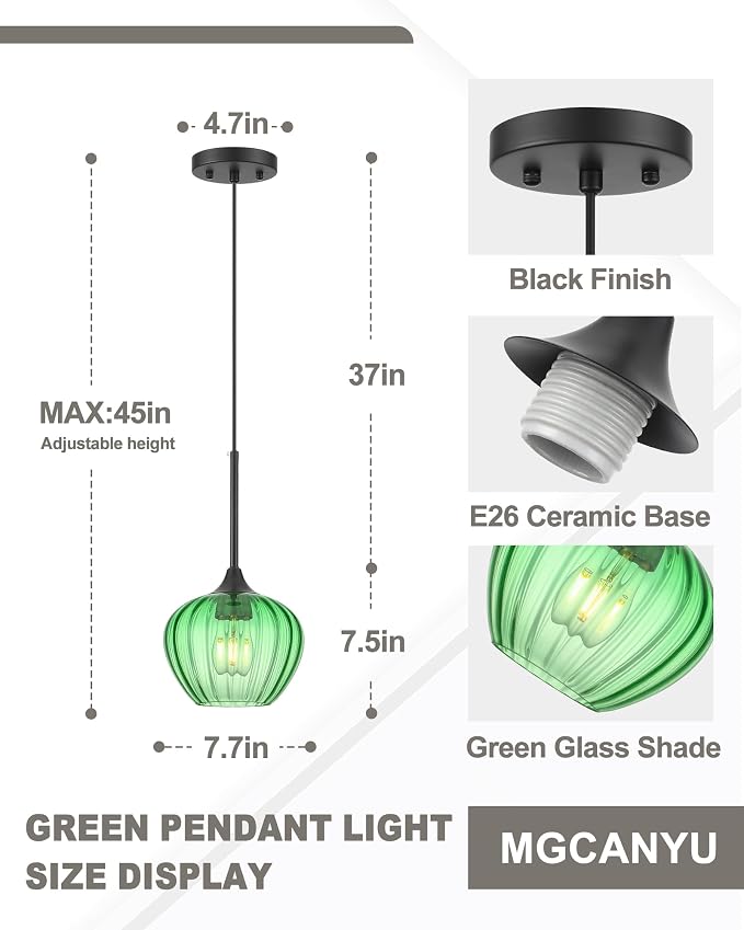 Green Pendant Lights Kitchen Island, 7.7" Vintage Glass Pendant Lighting Samll Adjustable Hanging Light Fixtures for Kitchen, Dining Room, Sink, Bathroom