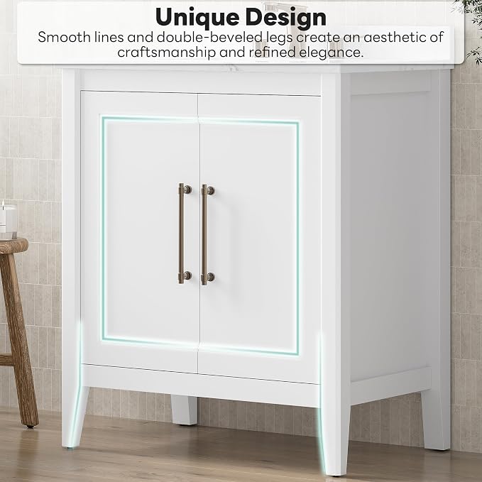 LIKIMIO 30" Bathroom Vanity with Sink, Engineered Stone Top, 2 Doors, White | Freestanding Bathroom Vanity, Engineered Stone Countertop with Undermount Ceramic Sink, Modern Bathroom Storage Cabinet