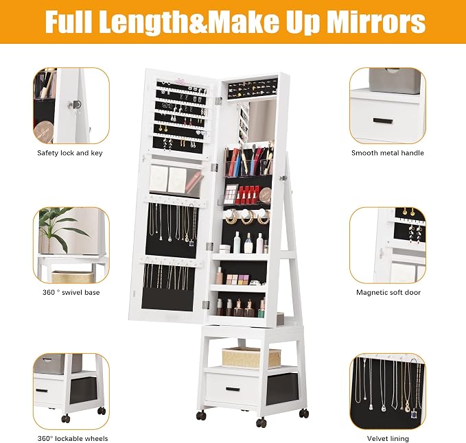 GAOMON 360° Swivel Jewelry Armoire, Floor Standing Locking with Full Length Mirror, Inside Makeup Mirror, Bottom Drawer, Rear Storage Shelves, Wheels, Cabinet with Large Storage Capacity, White