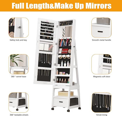GAOMON 360° Swivel Jewelry Armoire, Floor Standing Locking with Full Length Mirror, Inside Makeup Mirror, Bottom Drawer, Rear Storage Shelves, Wheels, Cabinet with Large Storage Capacity, White