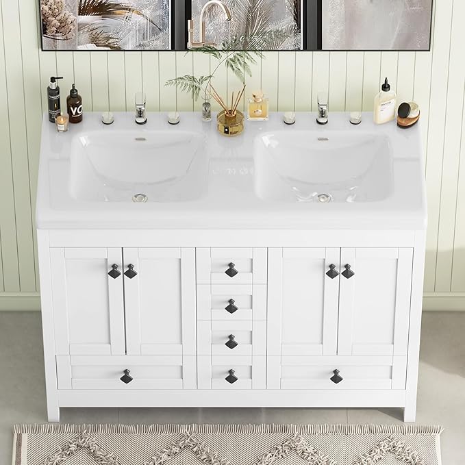 48" Bathroom Vanities with Sink Combo, Modern Double Bathroom Vanity with 4 Doors & 5 Drawers, Freestanding White Bathroom Cabinet with Double Ceramic Sink, White