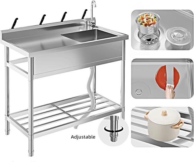 Stainless Steel Utility Sink, 47" Single Bowl Commercial Sink | Free Standing Utility Sink with Cold and Hot Water Pipe & Workbench, for Kitchen, Laundry