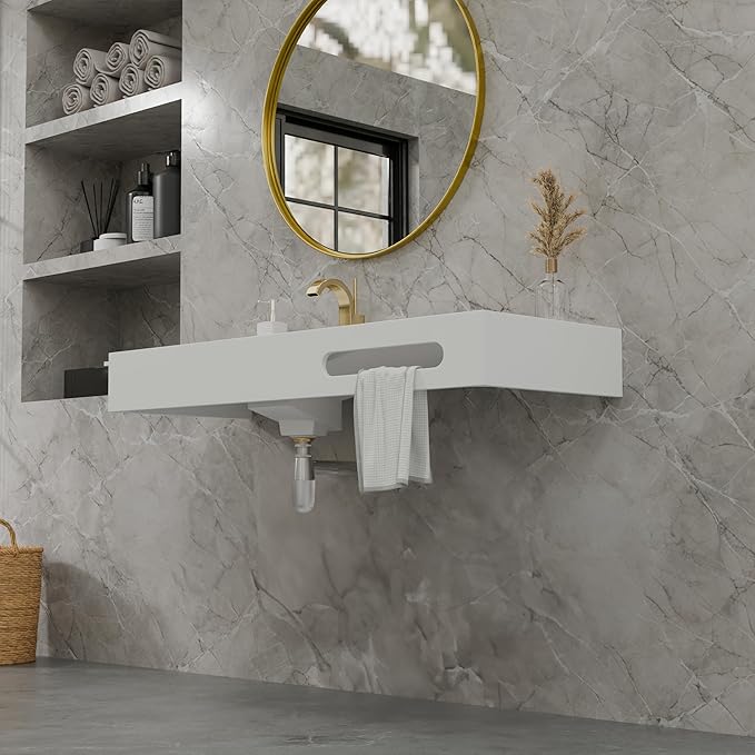 QJ&XY Resin Bathroom Sink 48" Wall Mounted V-Shaped White Basin with Towel Rack, Floating Vanity Sink in Soft-Touch Finish (Single Tier)