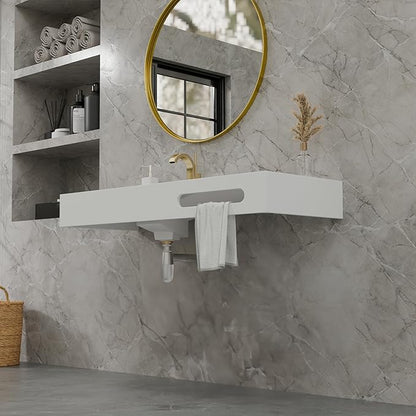 QJ&XY Resin Bathroom Sink 48" Wall Mounted V-Shaped White Basin with Towel Rack, Floating Vanity Sink in Soft-Touch Finish (Single Tier)