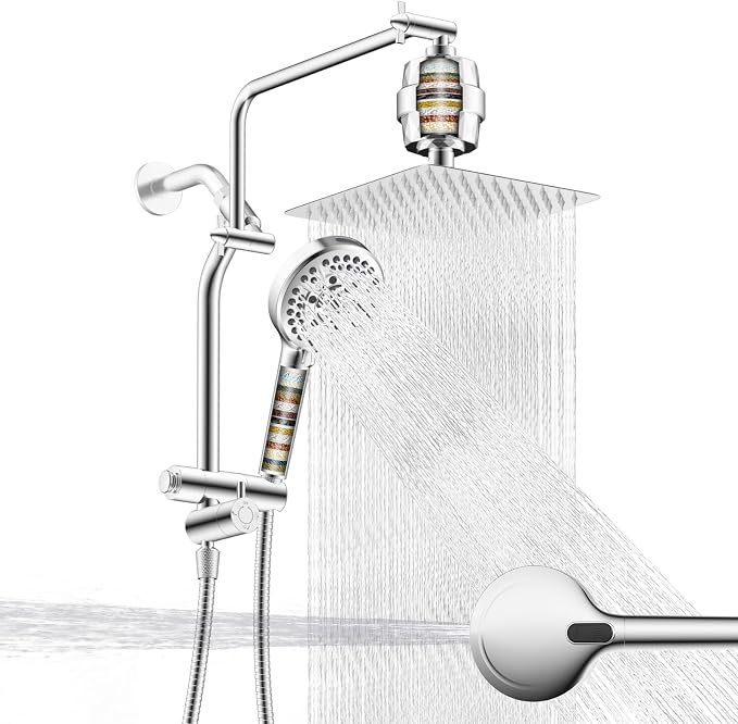 Metal 10" Filtered Rainfall Showerhead Combo, Easy Reach, Chrome | 4-Way Diverter with Pause Mode, High Pressure Shower Head with 10-Spray Handheld, 71" Hose/12" Extension Arm/Holder