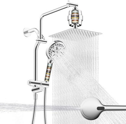 Metal 10" Filtered Rainfall Showerhead Combo, Easy Reach, Chrome | 4-Way Diverter with Pause Mode, High Pressure Shower Head with 10-Spray Handheld, 71" Hose/12" Extension Arm/Holder