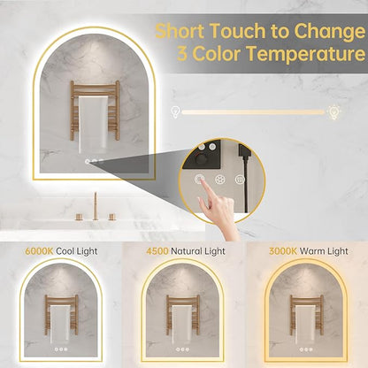 Arched LED Mirror for Bathroom 24"x30", Brushed Gold Lighted Bathroom Mirror with Lights, Fogless, Dimmable, Shatterproof, Touch Sensor, 3 Color Changing