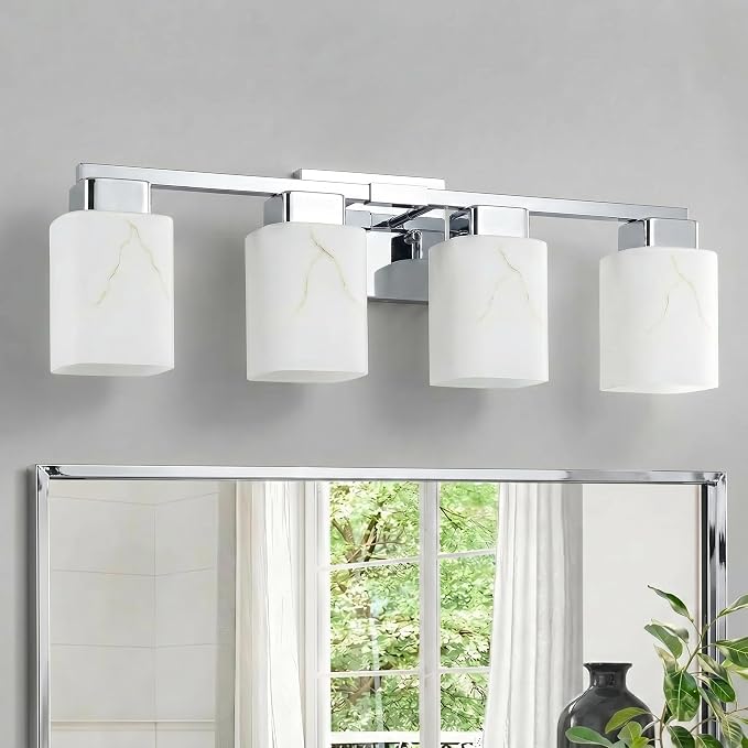 4-Light Square Bathroom Light Fixture, Chrome Modern Vanity Light with White Marble Glass Shade, for Bathroom Mirror, Living Room, Bedroom, Hallway, E26 Base