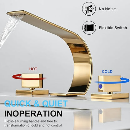 becola Gold Bathroom Faucet 3 Hole,Ultrathin Low Arc 8 inch Widespread Bathroom Faucet,Waterfall Bathroom Faucet,2-Handle Modern Vanity Faucet with Hot and Cold Water Supply Hoses