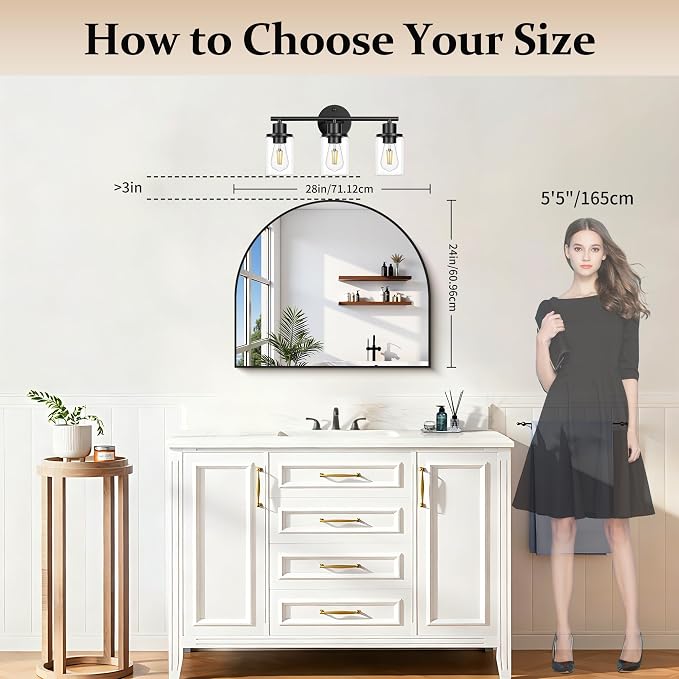 COFENY Arched Mirror, 28’’x24’’ Wide Black Arch Mirrors for Bathroom Sink, Bathroom Vanity Mirror with Metal Frame, Modern Wall Mounted Mirror for Bedroom Living Room Mantle Entryway