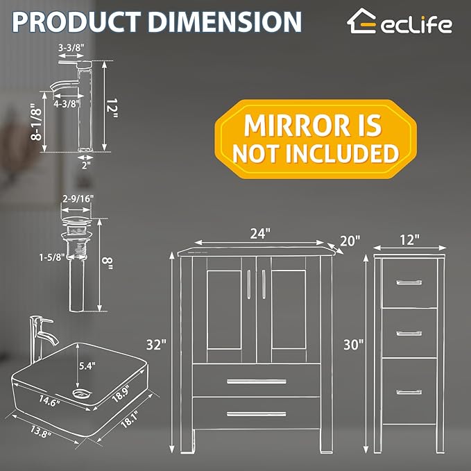 eclife 72" Modern Bathroom Vanity Sink Combo Freestanding Cabinet with Small Side Cabinet, White Black Ceramic Vessel Sink, Water Save Faucet, Drain (Gray+T03BK)
