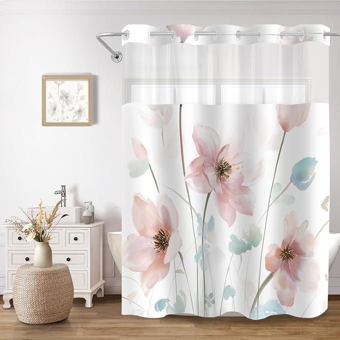 No Hook Shower Curtain and Liner Set, Light Pink Boho Floral 71x74 | Watercolor Boho Flower, with Snap in Liner, Mesh Top Window, Waterproof, Machine Washable, Quick-Drying, for Hotel Bathroom