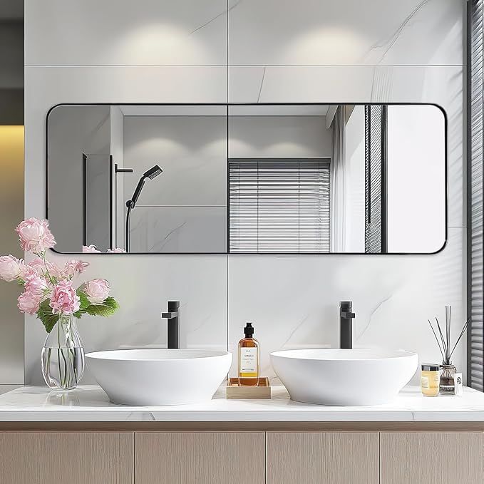 18" x 48" Full Length Wall Mirror, Large Polished Chrome Mirror for Bathroom, Rounded Corner Rectangle Body for Floor and Leaning