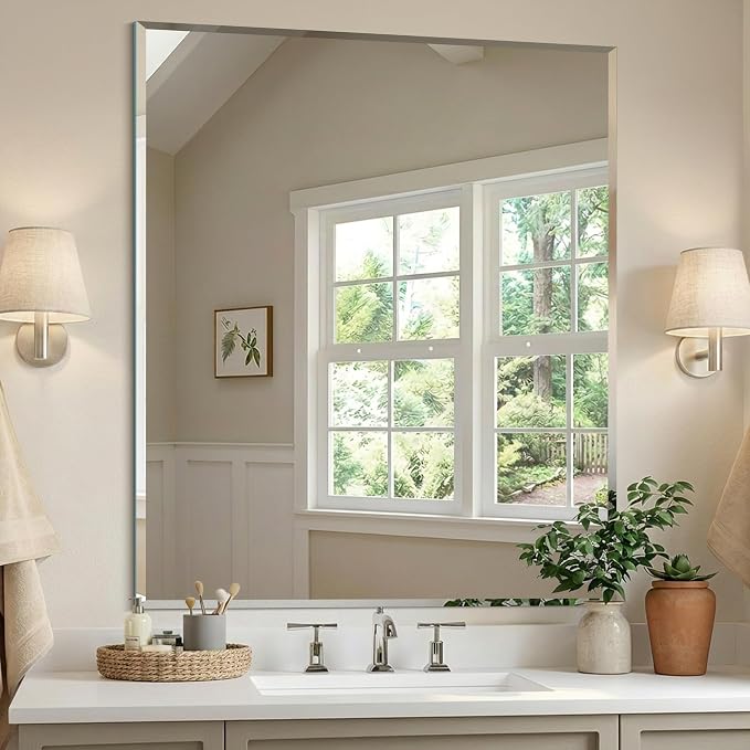 KOCUUY Beveled Mirror, 36x30 Inch Frameless Bathroom Mirror for Over Sink, Upgraded Shatterproof Beveled Unframed Design Mirror for Bathroom, Bedroom, Hang Horizontal/Vertical