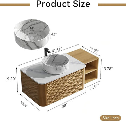 42 Inch Modern Bathroom Vanity with Ceramic Sink, Floating Bathroom Sink Cabinet with Sintered Stone Top&Solid Wood Hammered Frame, Single Bathroom Vanities w/Soft-Close Drawer&Side Open Cube