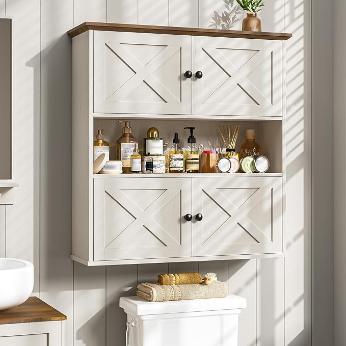 Vabches Bathroom Wall Cabinet, Farmhouse Medicine Cabinet with 4 Barn Doors, Large Wooden Vintage Storage Cabinet Wall Mounted for Bathroom, Kitchen, Rustic White