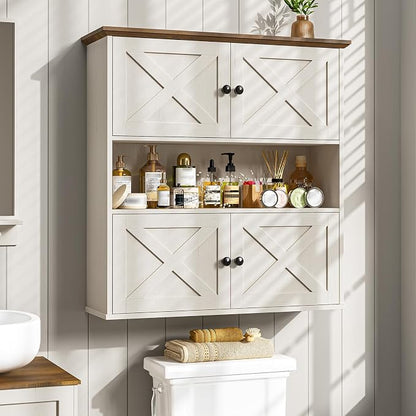 Vabches Bathroom Wall Cabinet, Farmhouse Medicine Cabinet with 4 Barn Doors, Large Wooden Vintage Storage Cabinet Wall Mounted for Bathroom, Kitchen, Rustic White