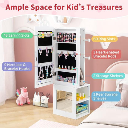 CHARMAID Kids Jewelry Cabinet Armoire, 47" Full Length Mirror, Coat Rack, Back Storage Shelves, Standing Vanity Dressing Mirror for Girls, Kids Jewelry Organizer (White)