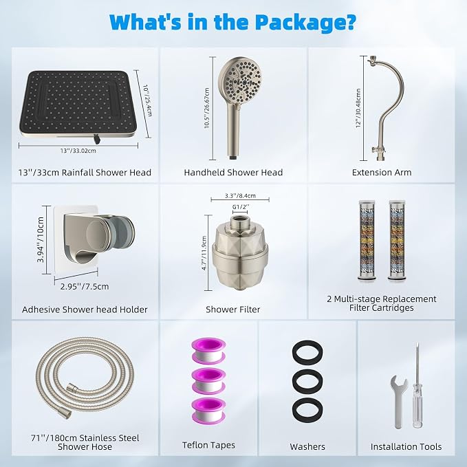 Hibbent 13'' Filtered Shower Head with 10-Spray Handheld, Brushed Nickel | 5 Modes Rainfall Shower Head, High Pressure Showerhead Combo, 20 Stage Shower Filter, 12'' Extension Arm, 71'' Hose & Holder