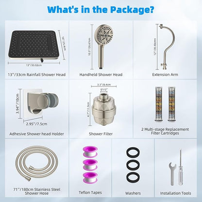 Hibbent 13'' Filtered Shower Head with 10-Spray Handheld, Brushed Nickel | 5 Modes Rainfall Shower Head, High Pressure Showerhead Combo, 20 Stage Shower Filter, 12'' Extension Arm, 71'' Hose & Holder