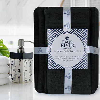 DAN RIVER 8 Piece Luxury Bath Towels for Bathroom, Towel Set, Black | 2 Bath towels, 2 Hand towels, and 4 Wash Cloths, 600 GSM 100% Ring Spun Cotton, Highly Absorbent, Gym, Hotel, guest, and Spa