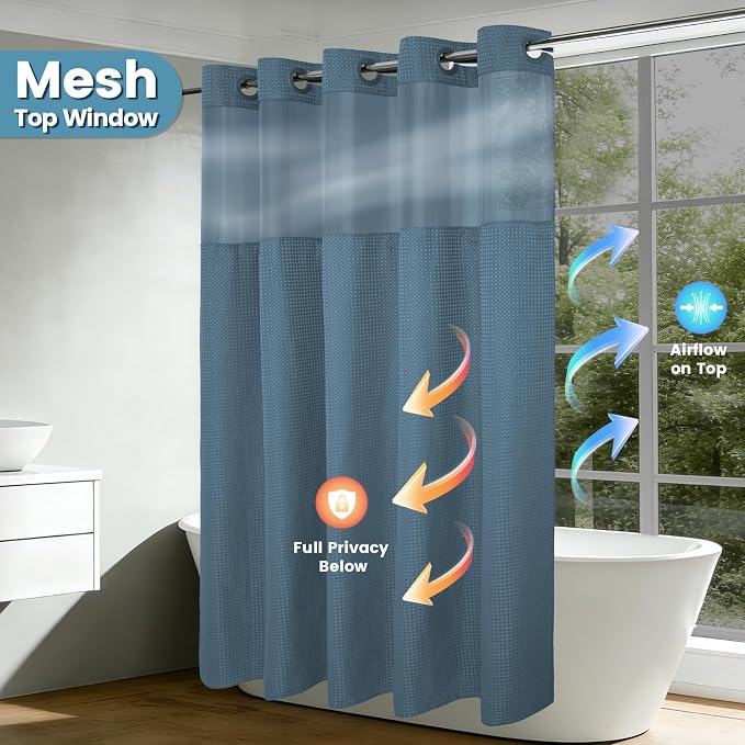 EUTXL Heavyweight Moonlight Blue Stall No Hook Shower Curtain with Snap in Liner,256GSM Waffle Weave Shower Curtains for Bathroom,54W x 80H
