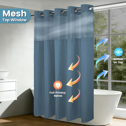 EUTXL Heavyweight Moonlight Blue Stall No Hook Shower Curtain with Snap in Liner,256GSM Waffle Weave Shower Curtains for Bathroom,54W x 80H