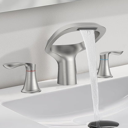 Bathroom Faucet 3 Hole, Brushed Nickel Bathroom Sink Faucets with 2 Handle, Solid Brass Modern Widespread Vanity Faucet with Hoses for 6 to 12 Inch Sinks