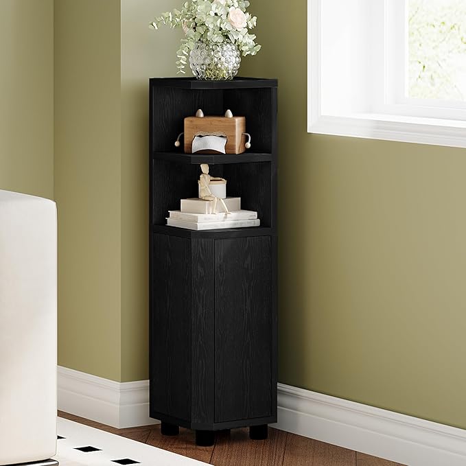 Corner Cabinet, Small Bathroom Corner Cabinet with Doors, Narrow Storage Cabinets with Adjustable Shelves, Bathroom Organizers and Storage for Small Space, Black BC20004X