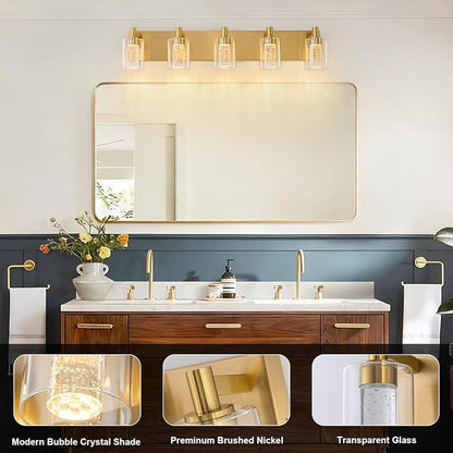 SineRise Vanity Light with 3 Color Modes (3000K/4000K/6000K), Eye Protection LED Bathroom Light Fixture, Dimmable Modern Wall Light Over Mirror with Clear Glass Shade (Gold, 5-Light)