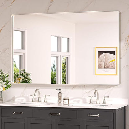 Keonjinn 55 x 36 Inch Brushed Nickel Bathroom Mirror, Tempered Glass | Silver Bathroom Mirrors for Over Sink, Rounded Rectangle Vanity Mirror, Rust-Resistant Aluminum Frame, French Cleat Mount