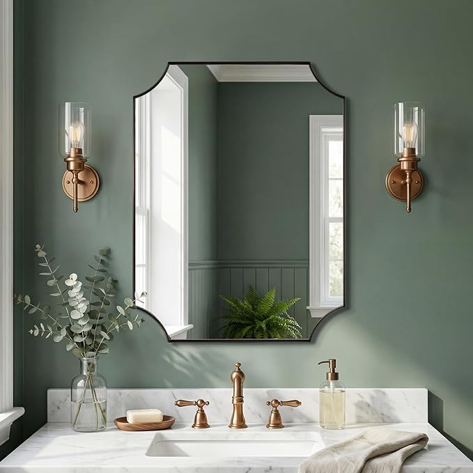 Bronze Mirror 22"x30", Brushed Bronze Scalloped Bathroom Mirror, Rectangle Wall Mirror in Premium Stainless Steel Metal Thin Frame, Hangs Vertically or Horizontally