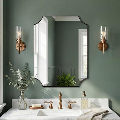 Bronze Mirror 24"x32", Brushed Bronze Scalloped Wall Mirror, Bathroom Mirror for Vanity, Rectangle Mirror in Rust-Proof Stainless Steel 1" Frame, Hangs Vertically or Horizontally