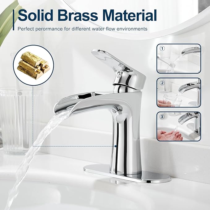 VOTON Chrome Bathroom Faucets Single Handle Waterfall Sink Faucet One Hole or Three Holes with Deck Mount Vanity Farmhouse RV Vessel Basin Faucet